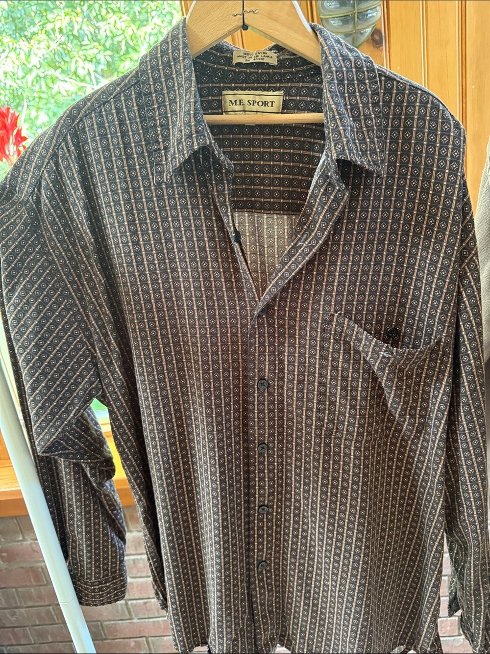 M.E. Sport Men's Long-Sleeve Brown and Black Patterned Button-down Shirt